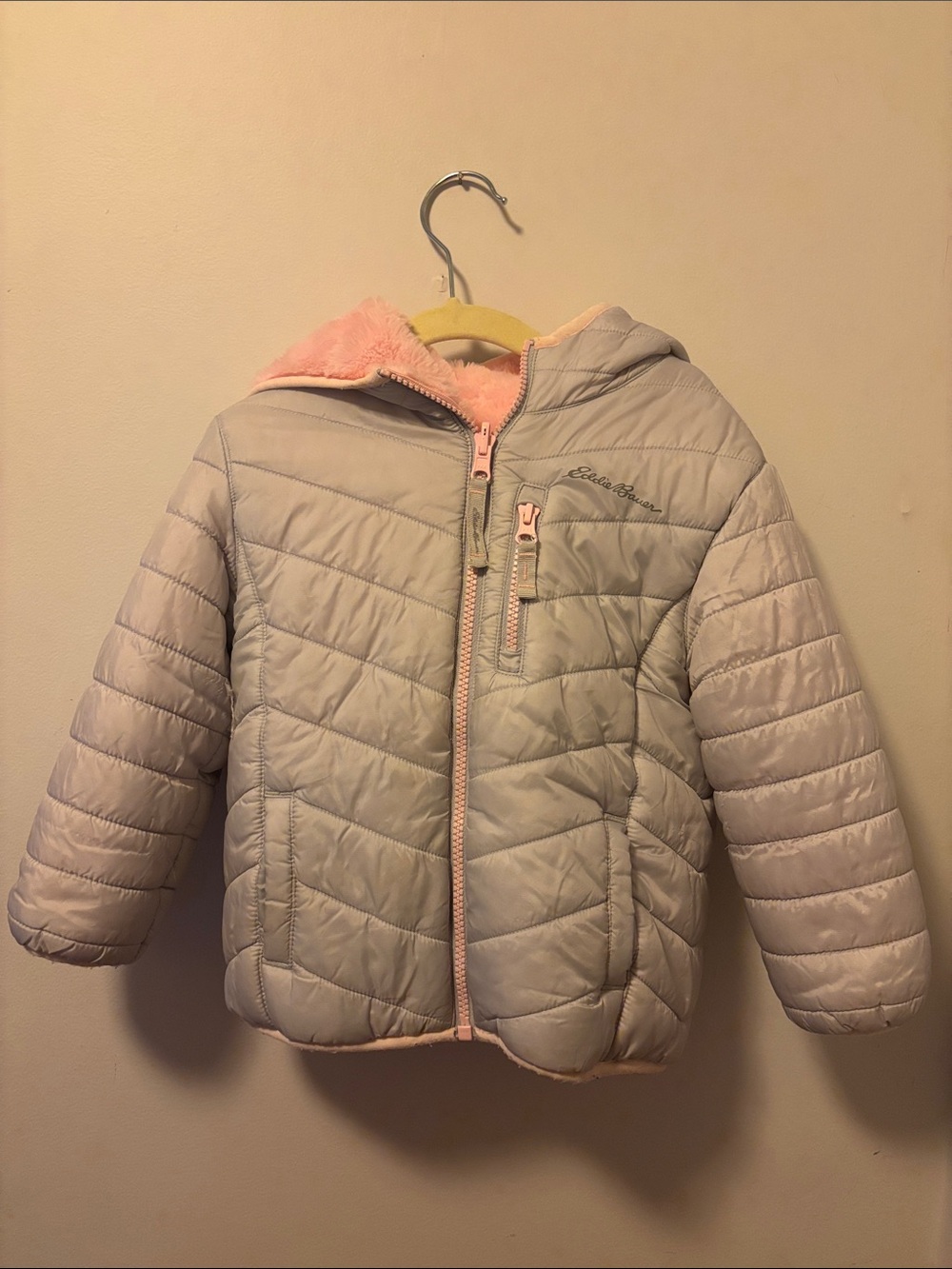 Eddie Bauer Light Gray Puffer Jacket with Pink Sherpa Hood